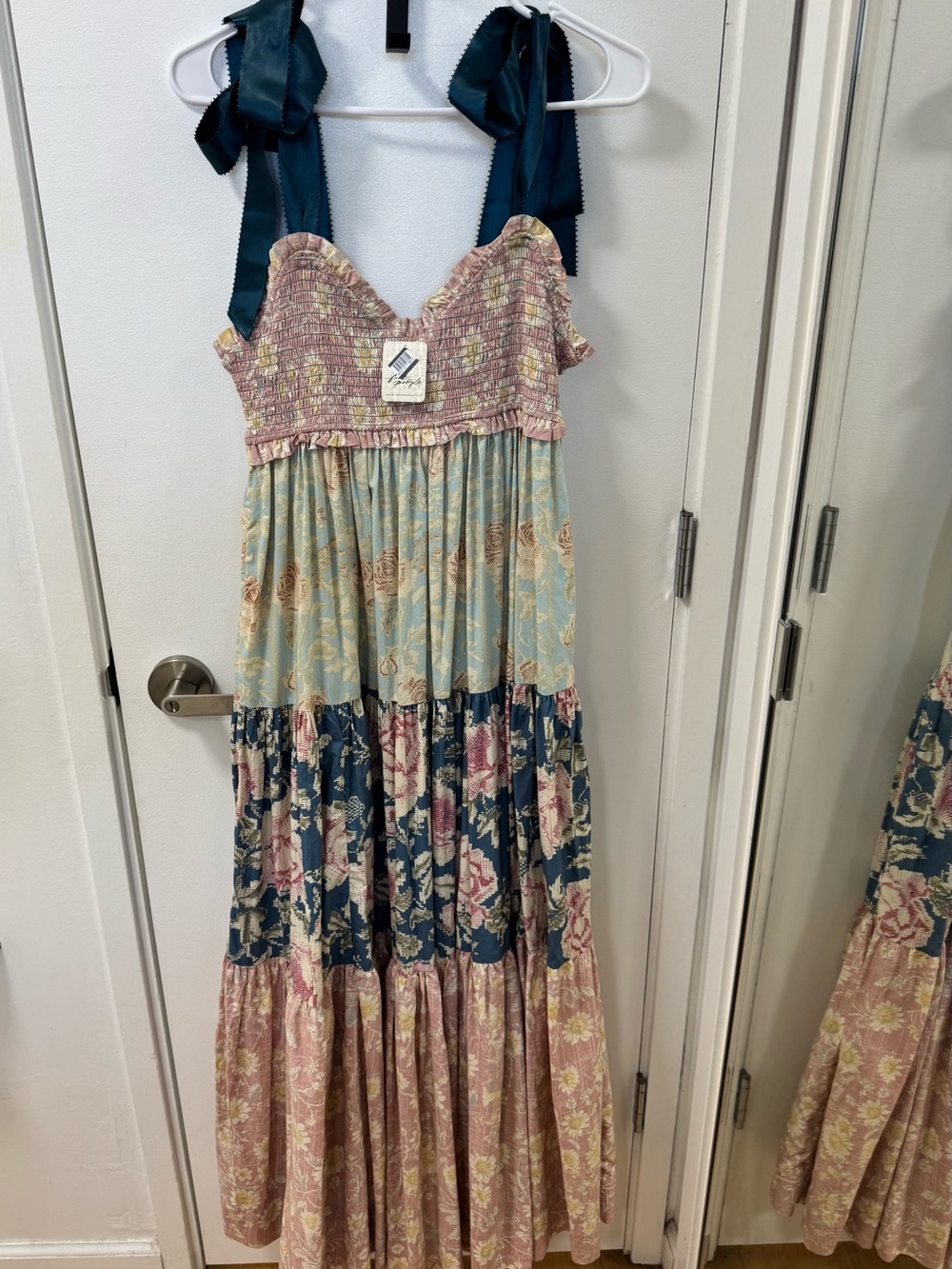 Free People Floral Tiered Maxi Dress with Navy Ribbon Ties - Picture 2 of 5